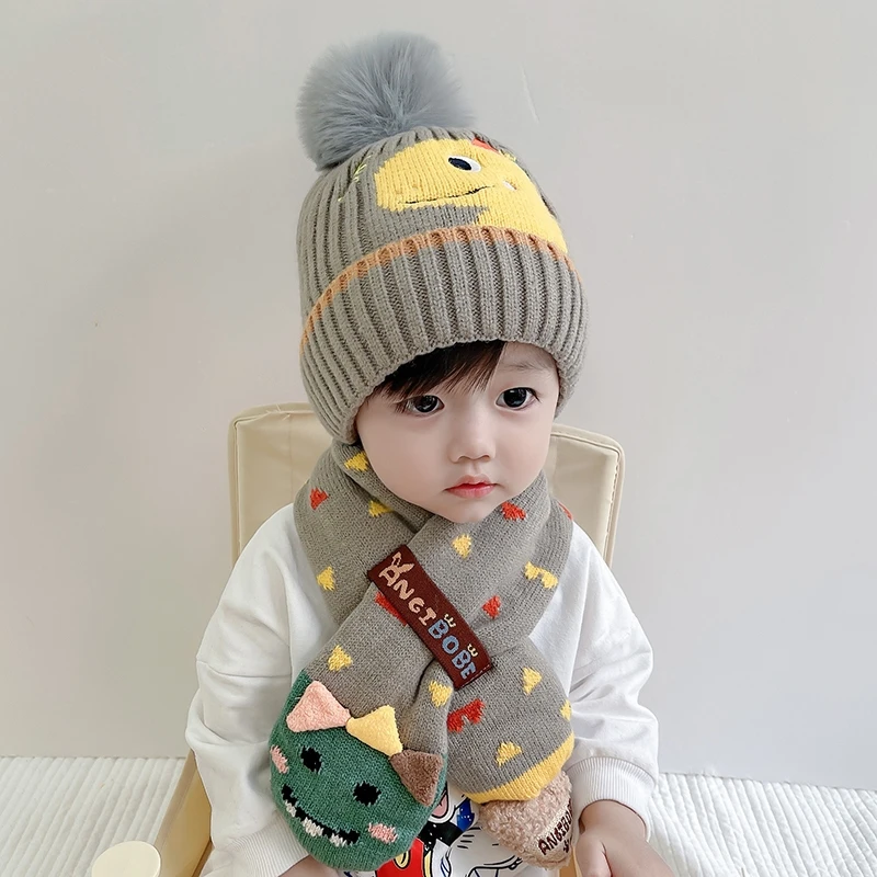 秋冬新款儿童加绒宝宝一体帽小孩帽子男童护耳保暖毛线帽围脖套装