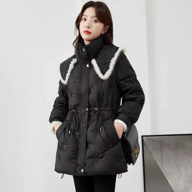 洋气娃娃领收腰羽绒服2025新款拼接水貂毛外套时尚百搭潮冬女装