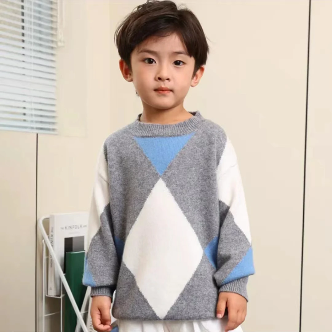 【宽松版】大菱形儿童羊毛衫双股加厚童装毛衣男女童保暖打底套头