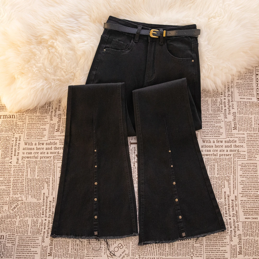 黑色毛边微喇牛仔裤女2025秋季新款高腰显瘦弹力加绒喇叭马蹄长裤