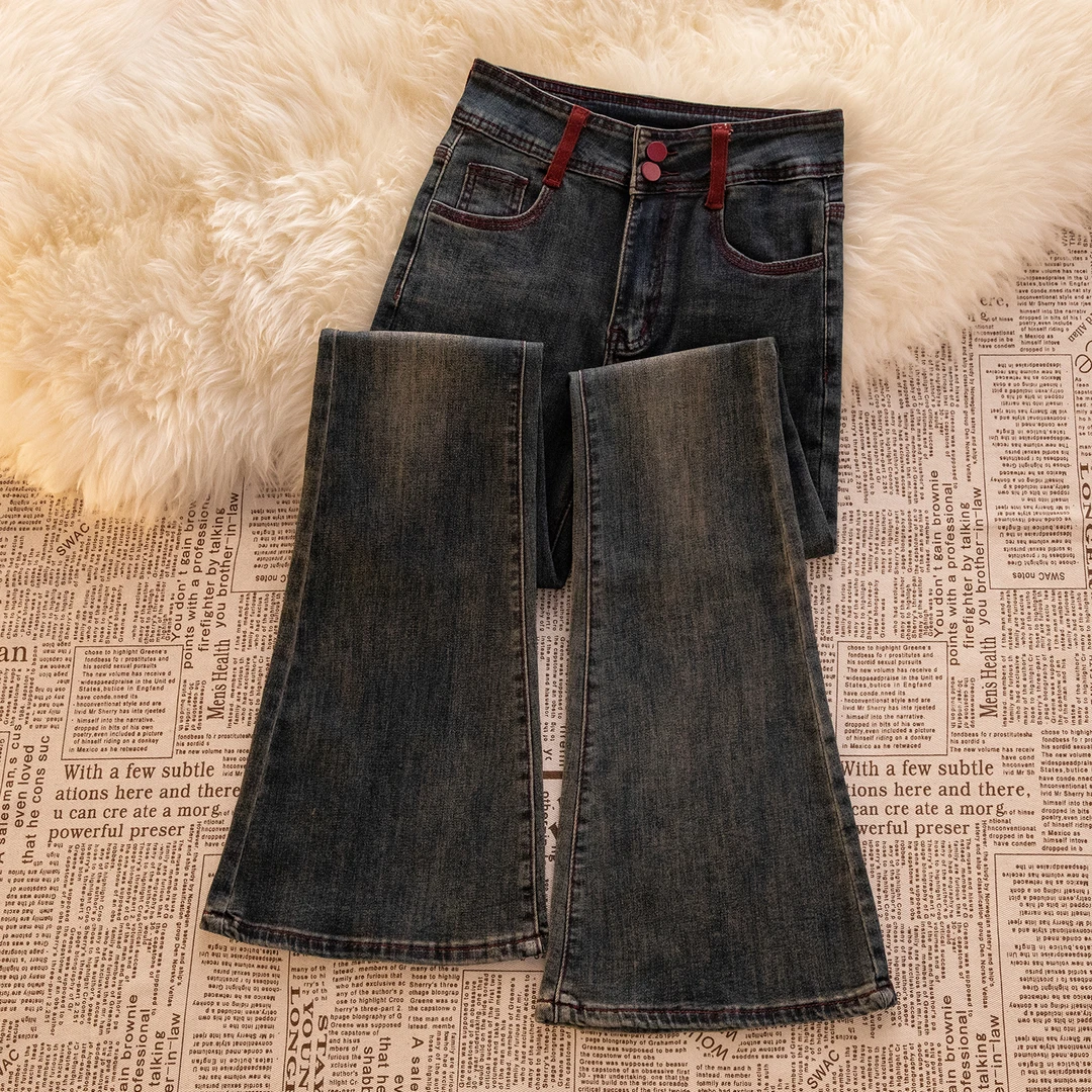 撞色微喇叭牛仔裤女秋季2025年新款高腰显瘦小个子弹力修身马蹄裤