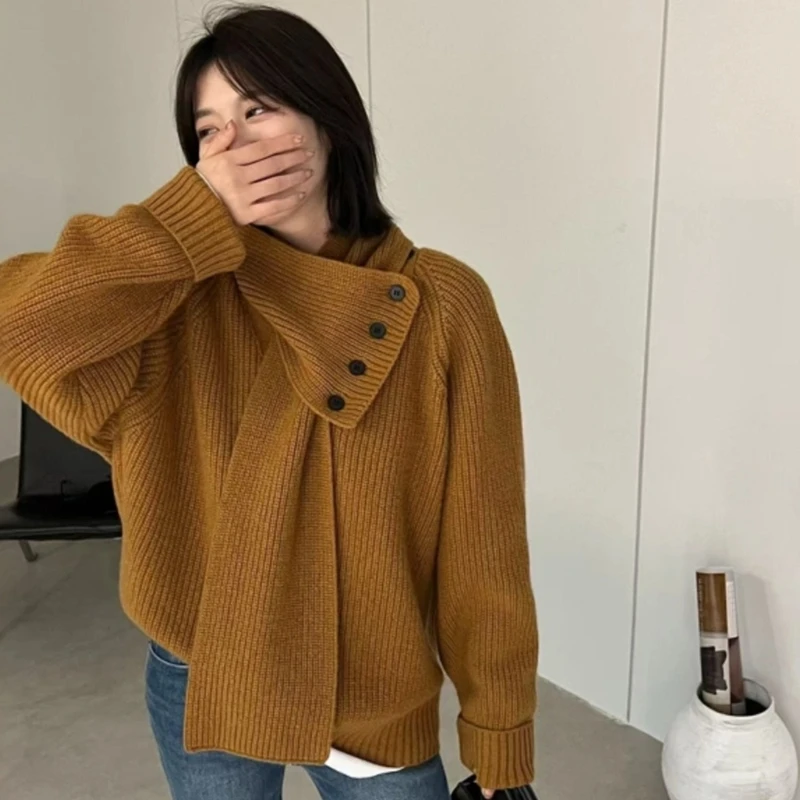 韩系设计感可拆卸围脖毛衣女2024秋冬季宽松显瘦软糯打底针织上衣