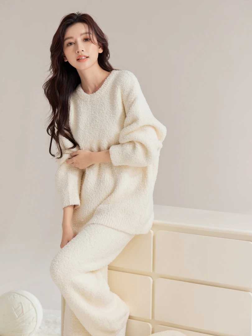 睡衣女秋冬新款加厚保暖半边绒加绒毛绒情侣款简约送礼外穿家居服