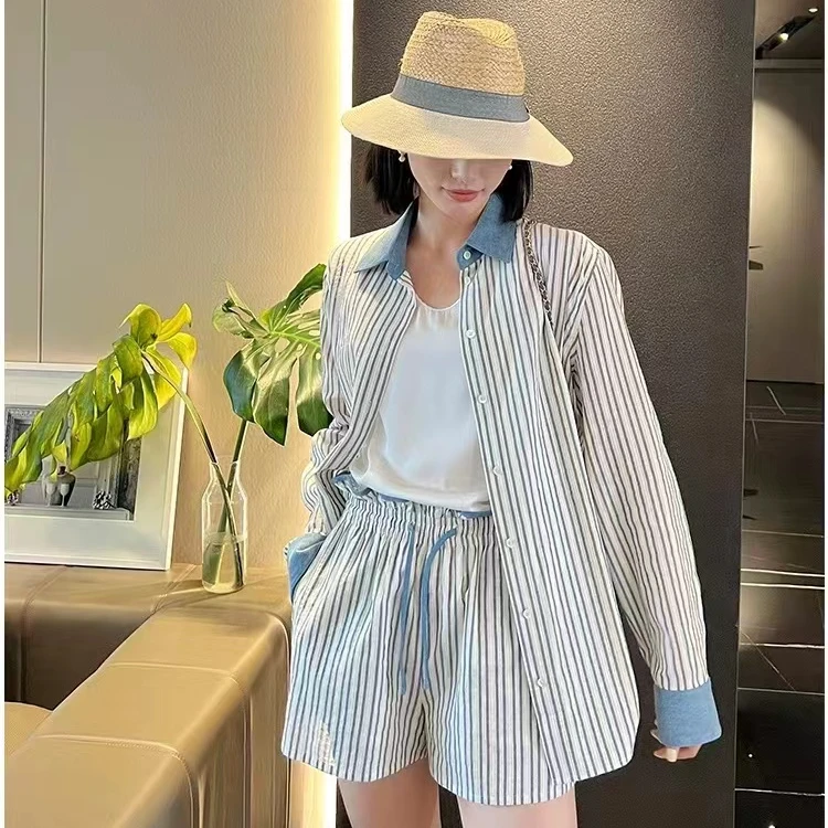 夏季宽松慵懒风百搭竖纹防晒polo长袖衬衫＋短款套装