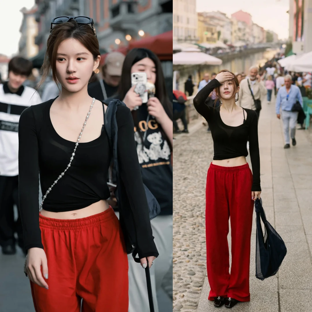 黑色微透U领长袖T恤早秋修身显瘦上衣+复古红色休闲裤