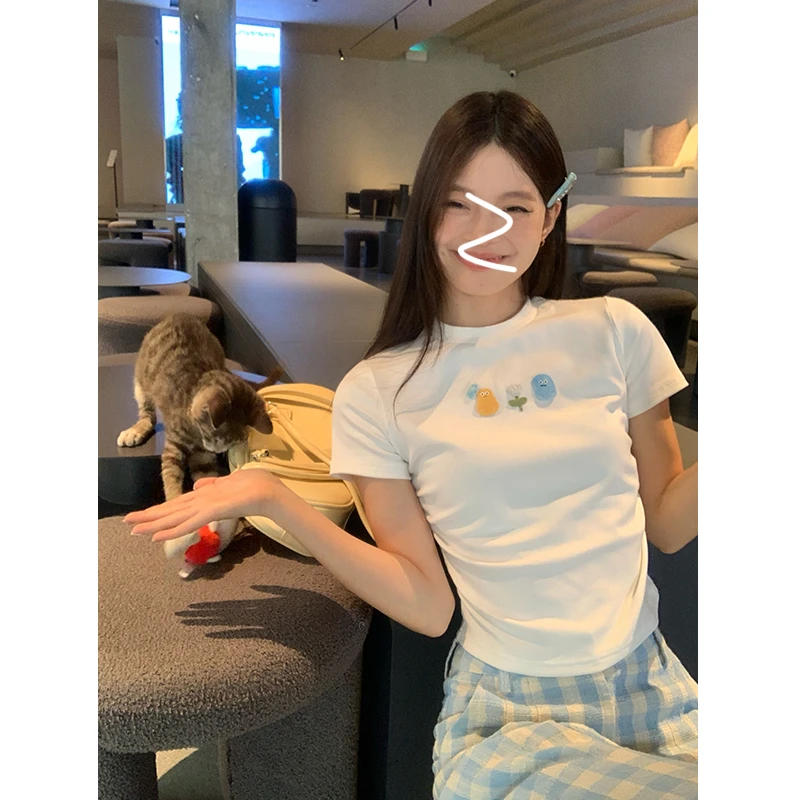 侧抽褶修身小贴标短袖白色辣妹t恤女夏季正肩显瘦百搭圆领上衣