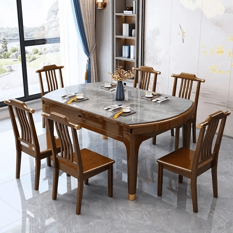 实木岩板餐桌家用餐厅简约圆桌胡桃吃饭桌方圆两用电磁炉岩板餐桌