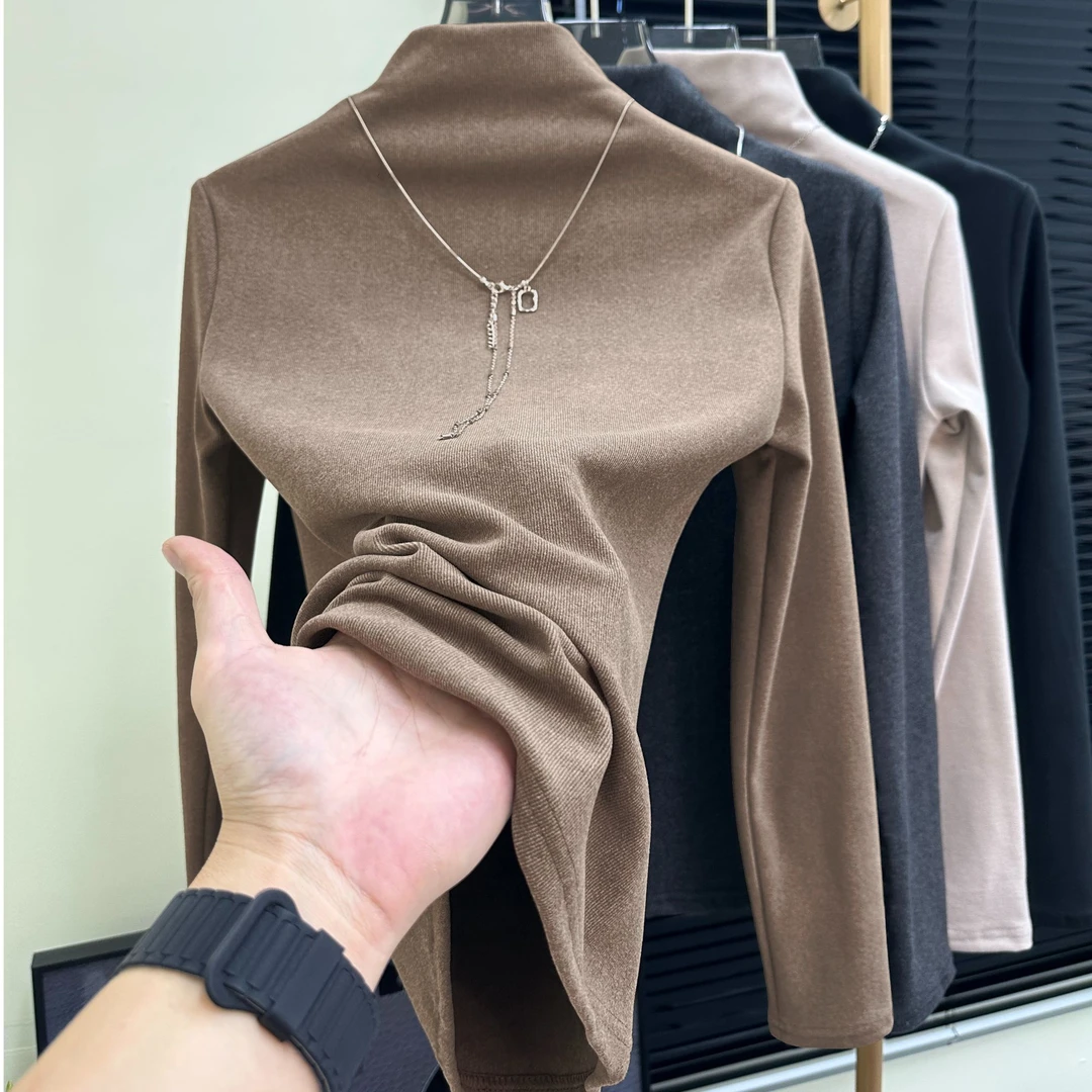 秋冬加厚慕斯绒半高领长袖T恤女简约百搭修身显瘦保暖打底衫上衣