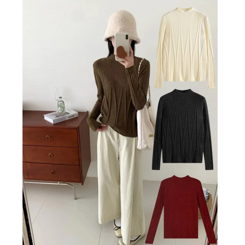 《路家姐妹》交叉纹显瘦中领亮点设计感针织套头打底衫上衣女Q002