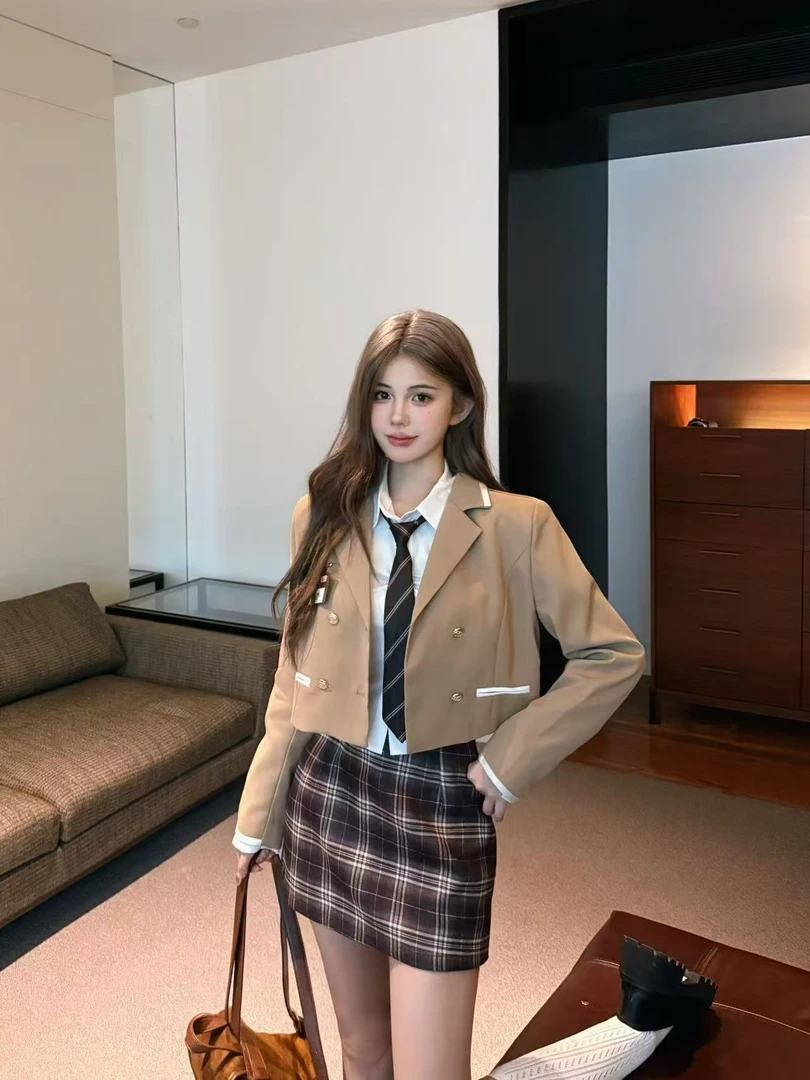 2024早秋新款穿搭学院风西装外套格子裙套装裙子高级感女-808