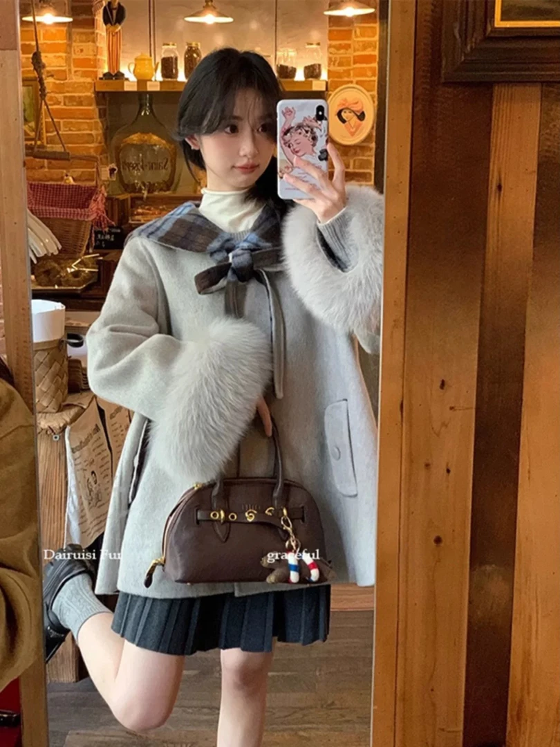 韩系新款加厚呢子大衣高级感气质海军领格子毛呢外套女冬7066