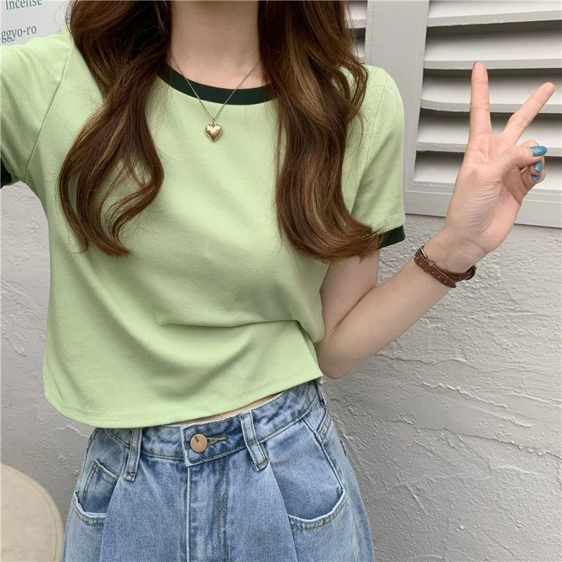 粉色ins短袖T恤女夏薄款24新款设计感小众短款甜辣风常规上衣夏装