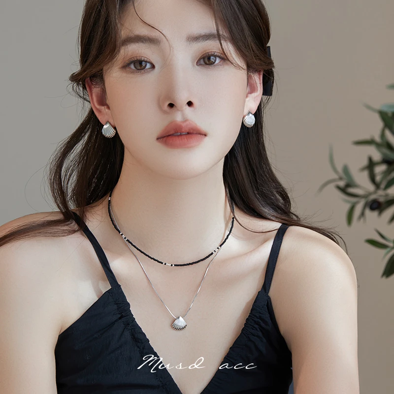 合金项链 韩国ins博主fever同款黑色小众双层叠戴项链颈链贝壳女