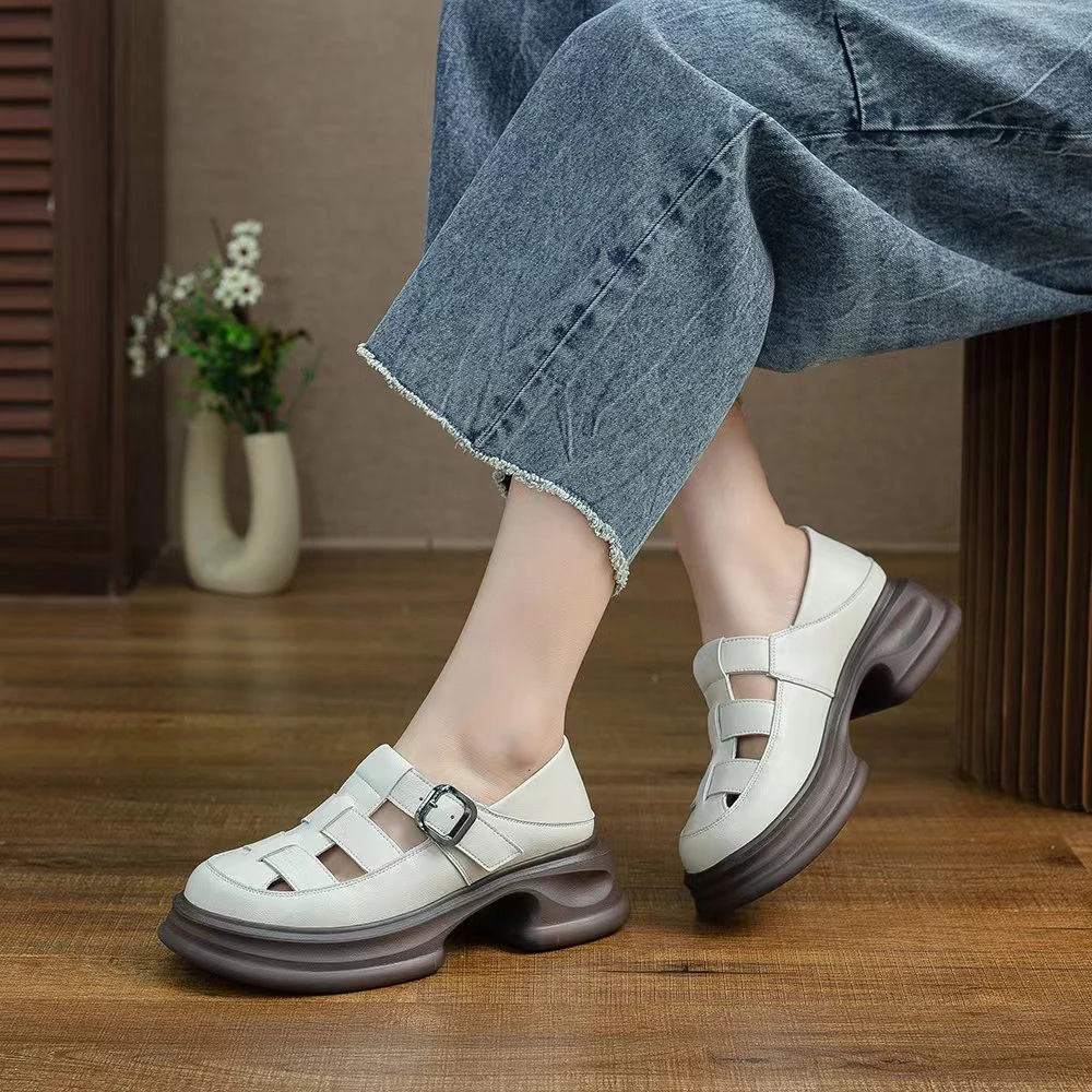 A31-春夏新款复古百搭编织镂空厚底罗马凉鞋女粗跟真皮包头凉鞋女