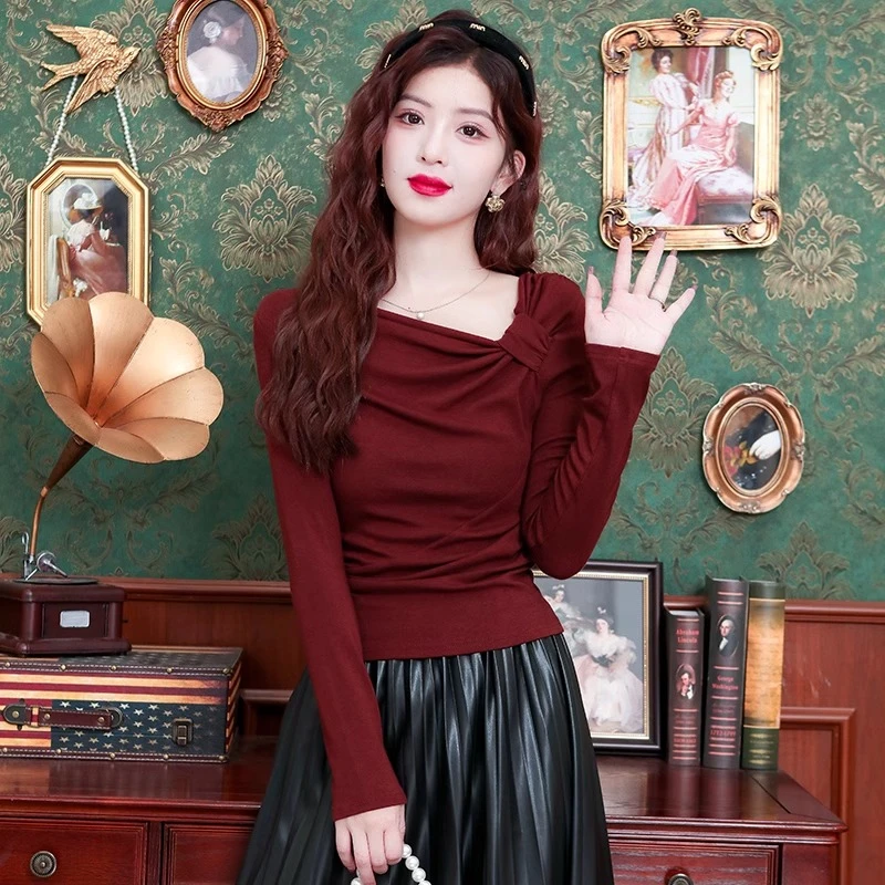 安哥拉红露肩长袖T恤女秋季修身显瘦内搭打底衫体恤短款褶皱上衣