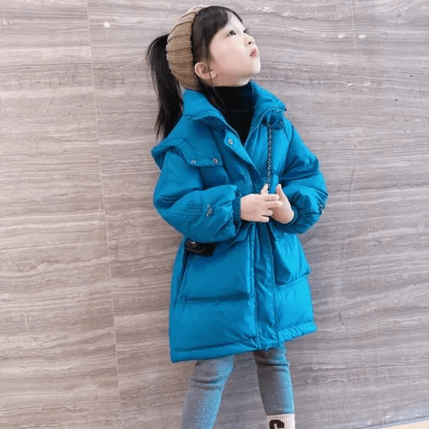 女童服冬季新品新款网红女孩白鸭绒中长款连帽服外套
