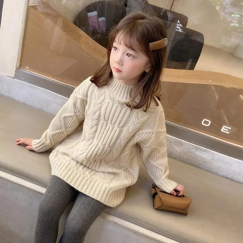 女童毛衣中长款小女孩秋冬2023新款宽松韩版针织衫儿童半高领上衣