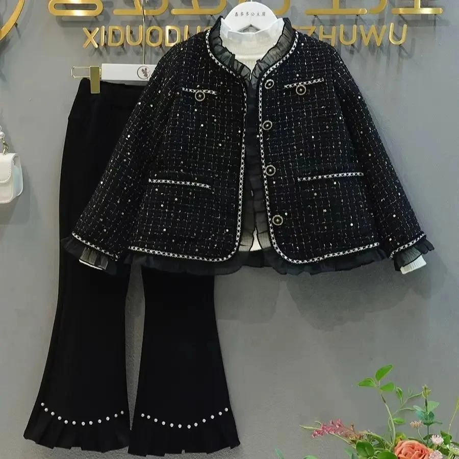 女童小香风秋冬套装2023新款中大儿童女宝洋气外套喇叭裤两件套潮