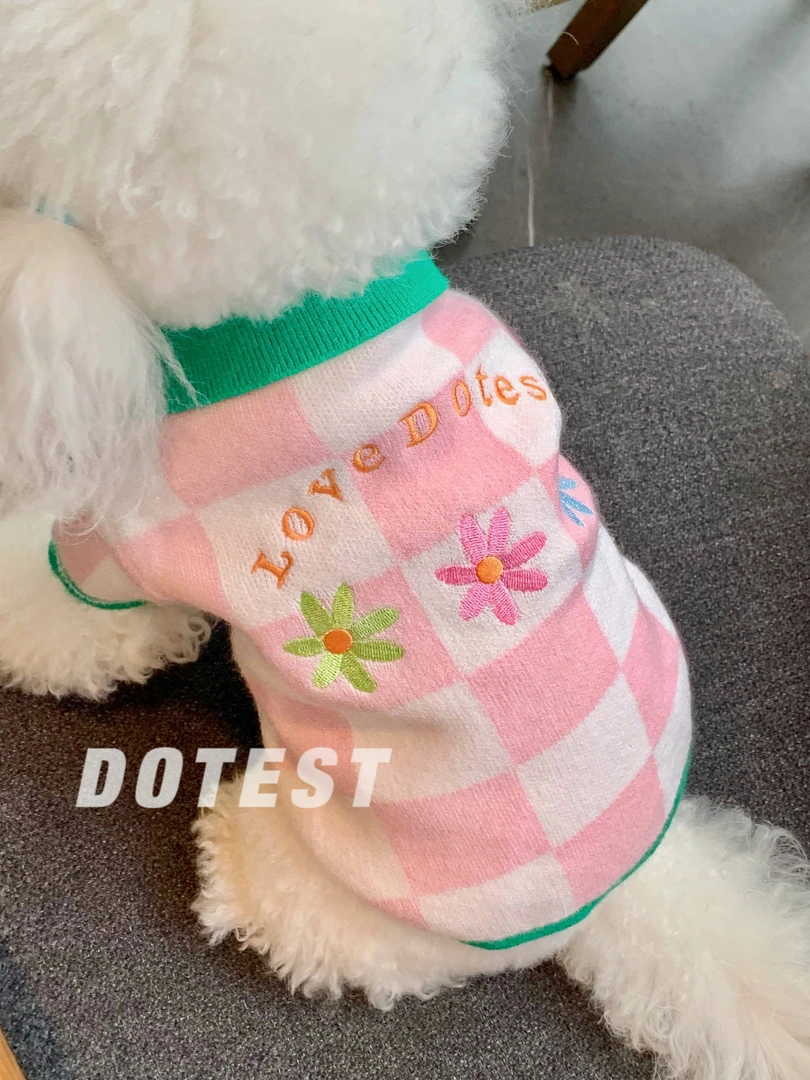 DOTEST宠物服猫狗秋冬新款棋盘格小花针织毛衣polo衫保暖狗狗衣服