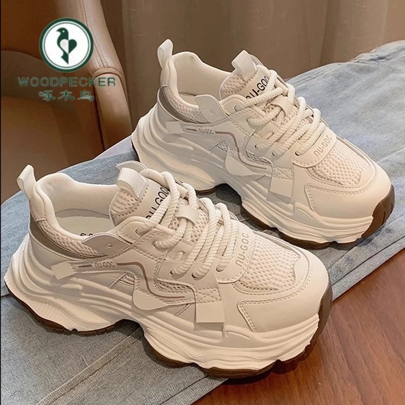 啄木鸟真皮厚底老爹鞋女款2024秋冬新款增高休闲鞋百搭运动跑步鞋
