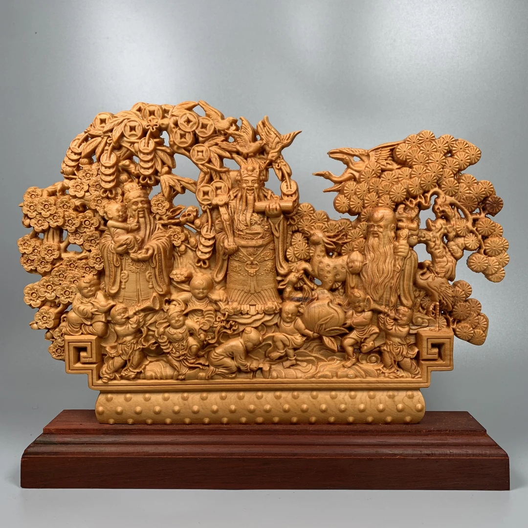 福禄寿三星 太行柏木木雕工艺品摆件 客厅博古架摆件 长27cm