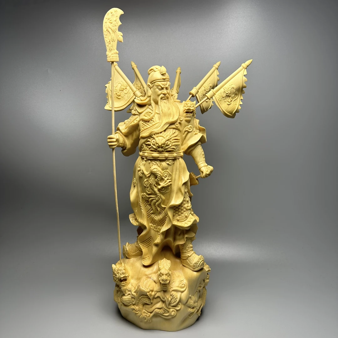 五旗关公桧木雕刻红木工艺品摆件九龙关二爷武财神关羽家居装饰品