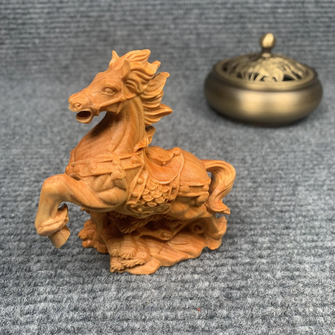 马上有钱 太行柏木木雕工艺品摆件立体镂空雕刻 长8cm高8.5cm