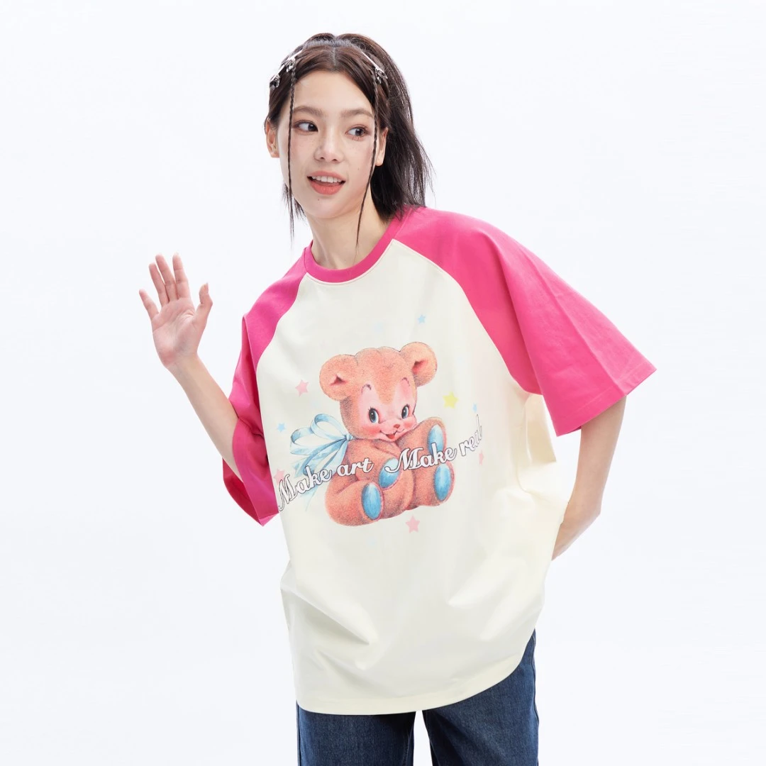 MAMR小熊百搭印花T恤纯棉夏季撞色白红拼接短袖情侣穿搭宽松上衣