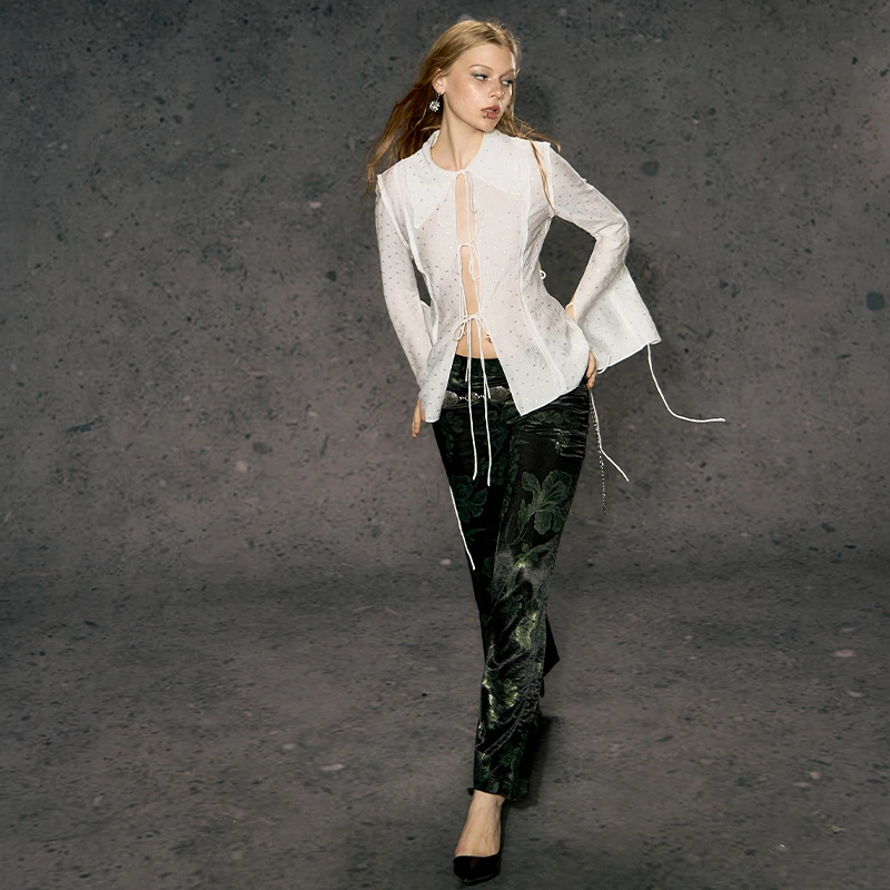 Deleteex欲望街区系列 系带收腰衬衫薄款透视长袖衬衣打底内搭秋