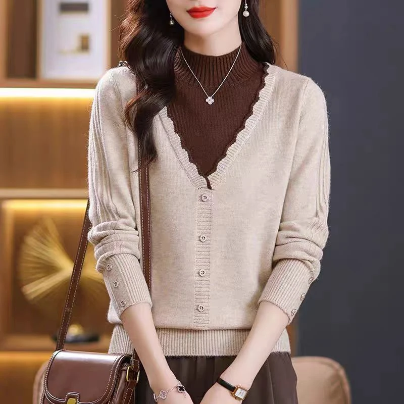 半高领假两件毛衣女2024新款短款宽松针织上衣内搭外穿保暖打底衫