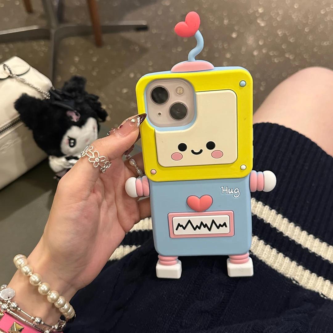 日韩硅胶可爱机器人天线爱心适用苹果15iphone14手机壳13promax