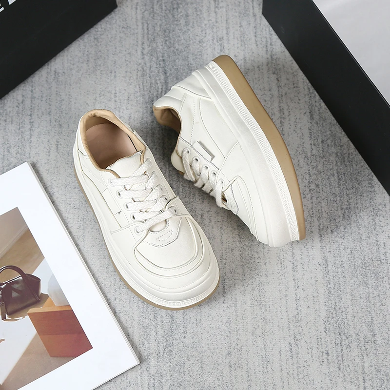 牛皮【诺一家加宽加肥大码女鞋】新款厚底面包鞋系带小白鞋运动潮鞋