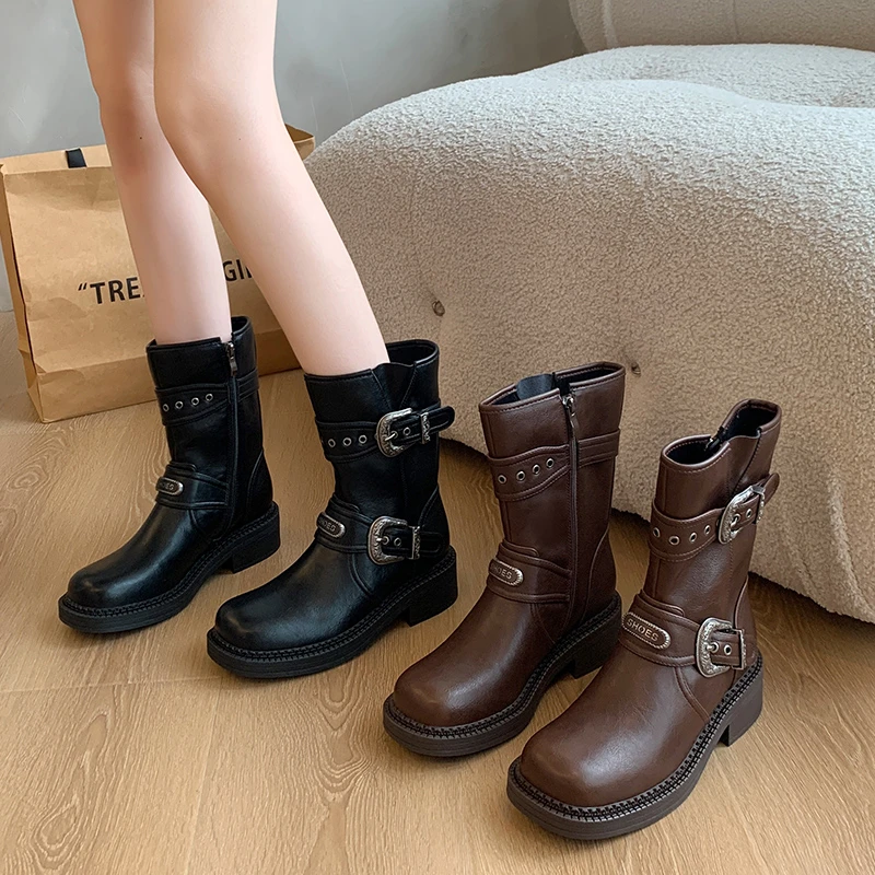 【诺一家加宽加肥大码女鞋】网红马丁靴女英伦风骑士靴大筒围西部靴