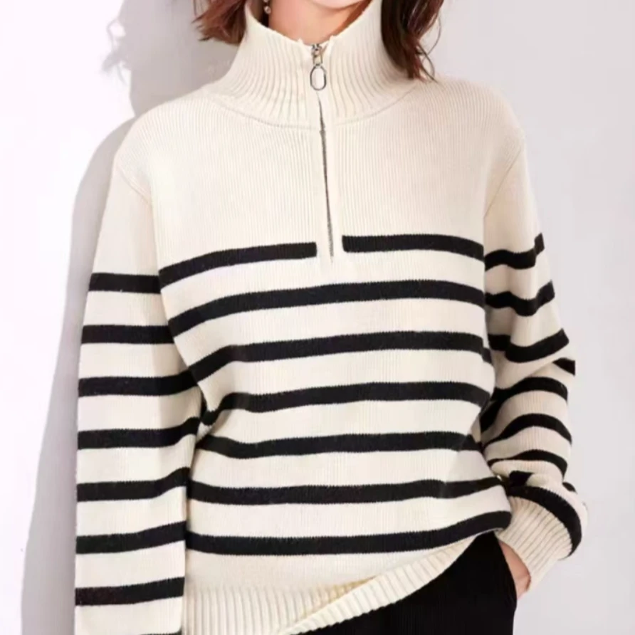翻领立领半拉链条纹毛衣女秋季2025新款时尚洋气打底针织上衣