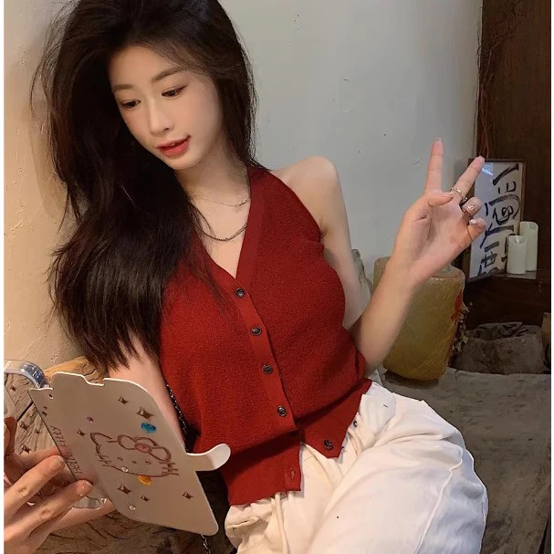 港风吊带背心复古V领红色马甲收腰短款削肩挂脖无袖针织女上衣夏