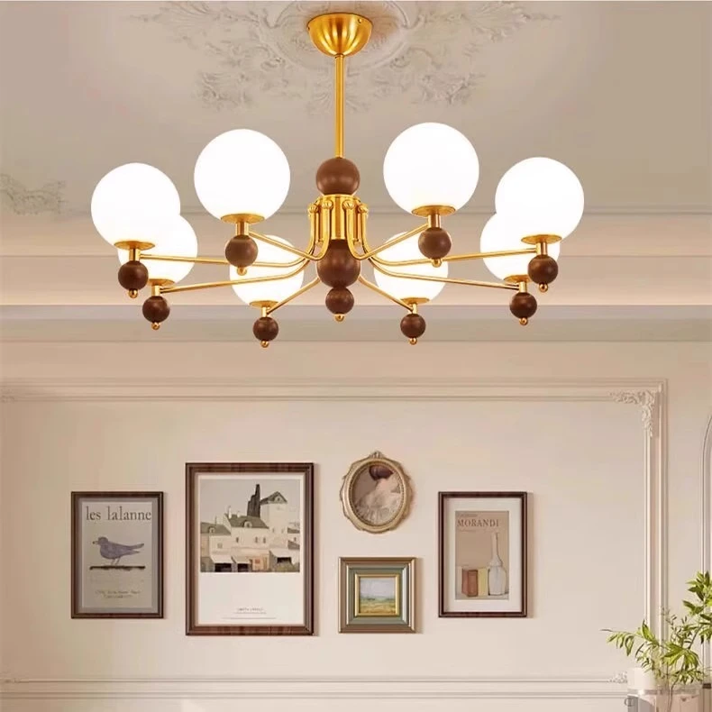 全铜轻奢中古风客厅吊灯新款大厅美式复古卧室灯法式魔豆餐厅灯具