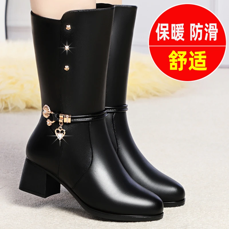 软底加绒保暖中筒靴中年妈妈鞋皮鞋靴子中老年棉鞋女靴女鞋秋冬季