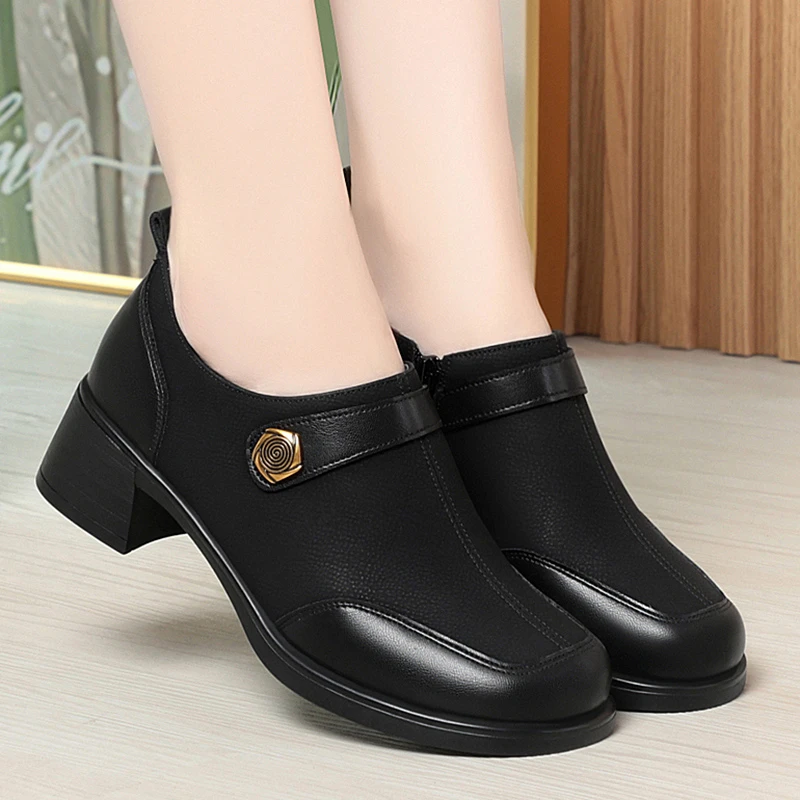 软底粗跟深口鞋中年妈妈鞋女士皮鞋中老年舒适圆头防滑单鞋女鞋