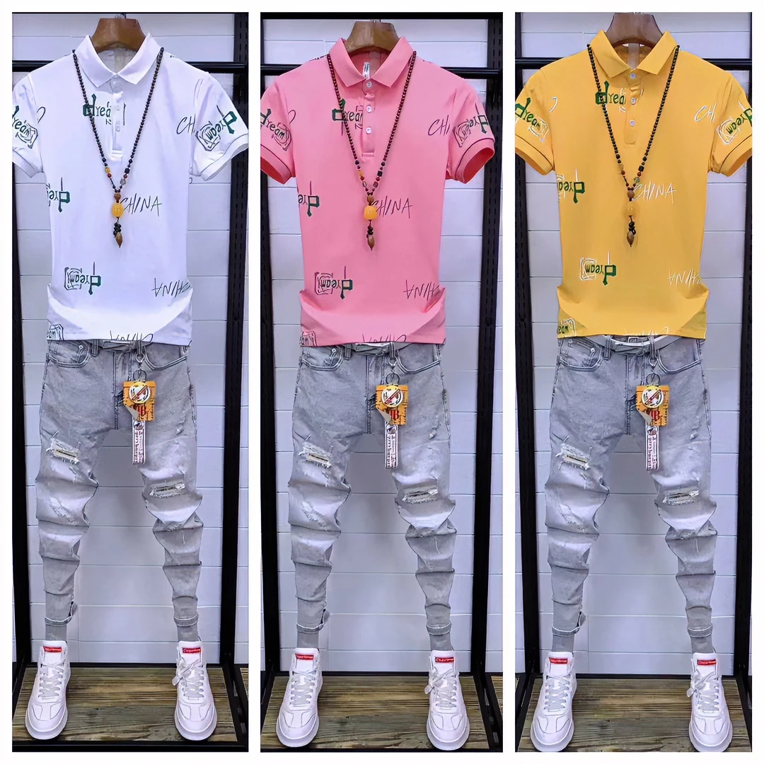 男士夏季修身半袖翻领韩版帅气网红精神小伙印花短袖30--40岁polo