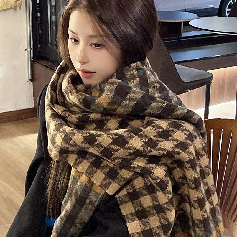 秋冬季双面千鸟格围巾女学生百搭英伦少女针织流苏韩版加厚ins