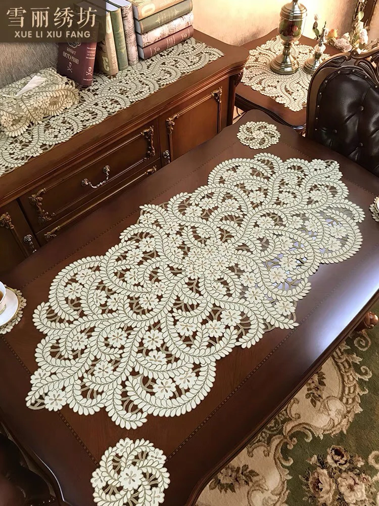 桌旗桌布桌垫 茶几巾布艺刺绣镂空北欧美式中式椭圆山花烂漫