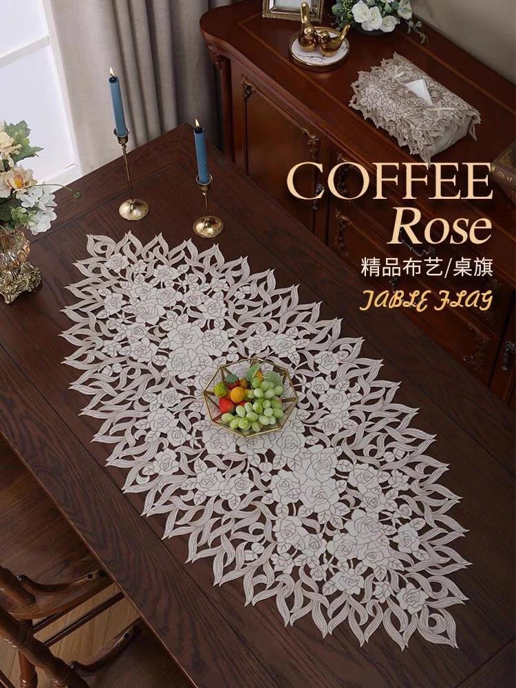 桌旗中式美式欧式餐边柜电视柜茶几垫桌布布艺刺绣镂空垫咖啡玫瑰