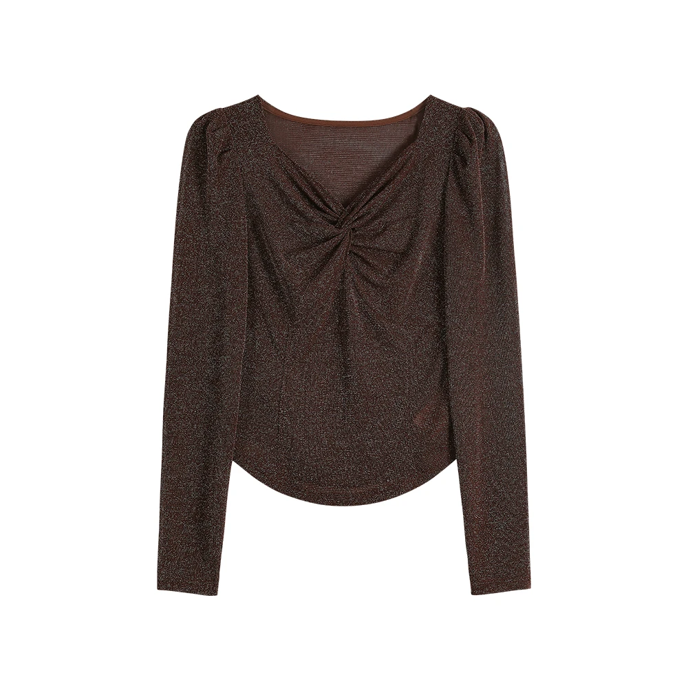 【封后轻奢设计】休闲百搭V领褶皱长袖T恤上衣8861893