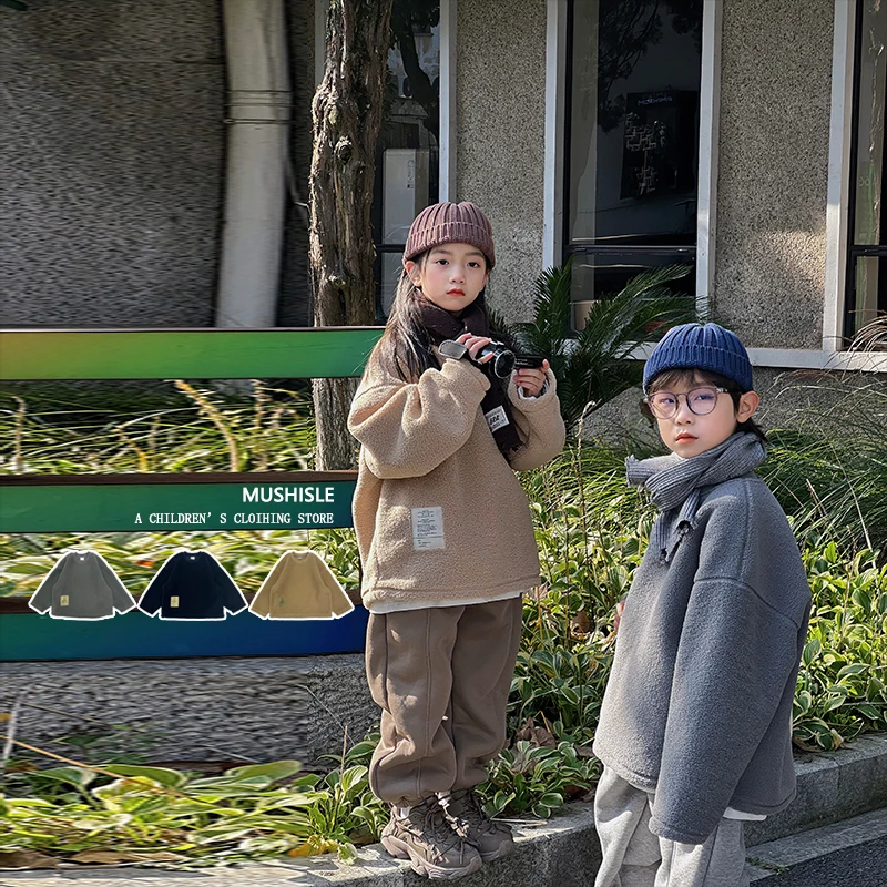 阿又日系秋冬男童纯色标签上衣儿童套头毛毛83291D