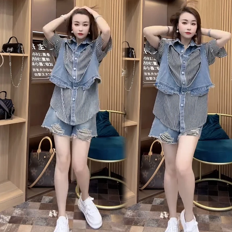 2025年春夏季牛仔短袖短裤套装女时尚宽松大码拼接气质显瘦两件套