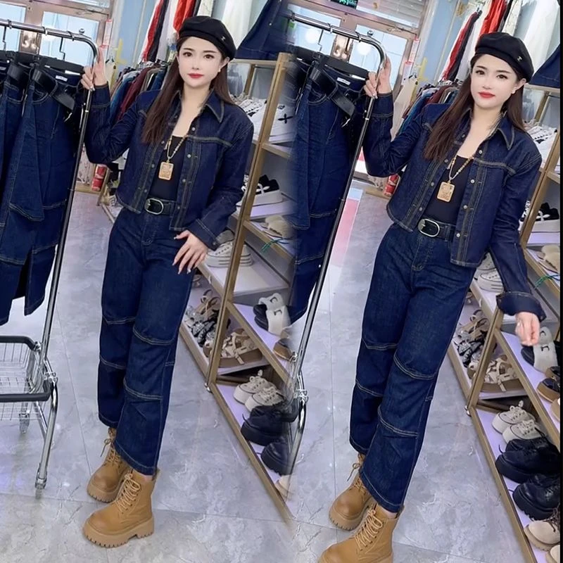 时尚套装女休闲牛仔两件套2025宽松春季大码新款衬衫外套网红显瘦