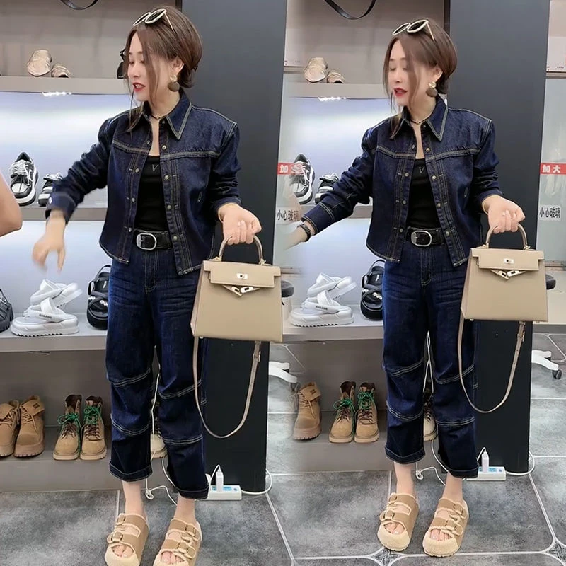 时尚牛仔套装2025春季女新款宽松大码衬衫外套牛仔筒裤网红两件套