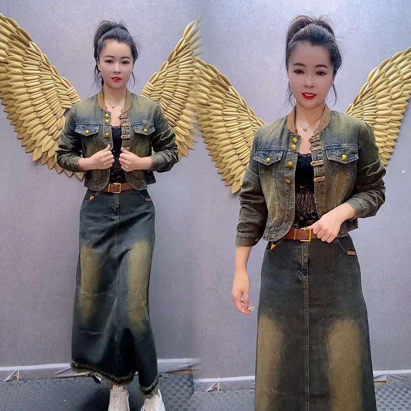 爆款短外套牛仔复古半身裙洋气宽松大码两件套2025时尚套装新款潮
