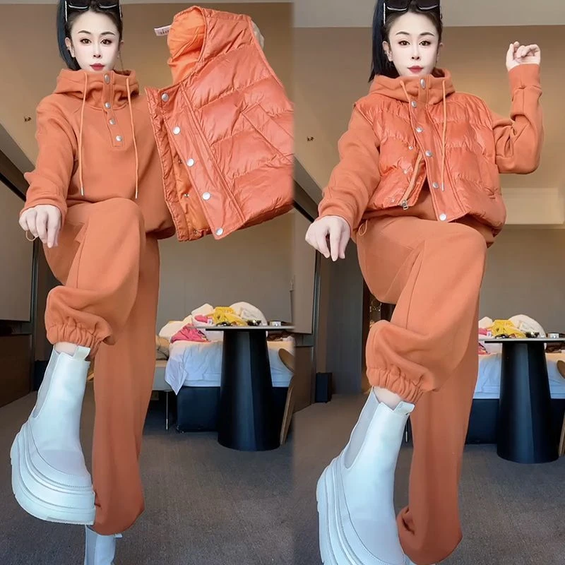 2024卫衣套装女冬季新款棉马甲休闲加绒宽松大码加厚时尚三件套潮