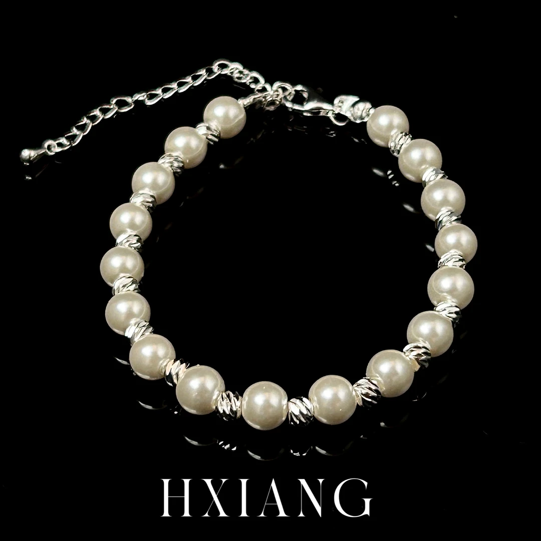 铜合金仿珍珠手链 时尚简约银色车花拼接珠珠手链素款可调节1093